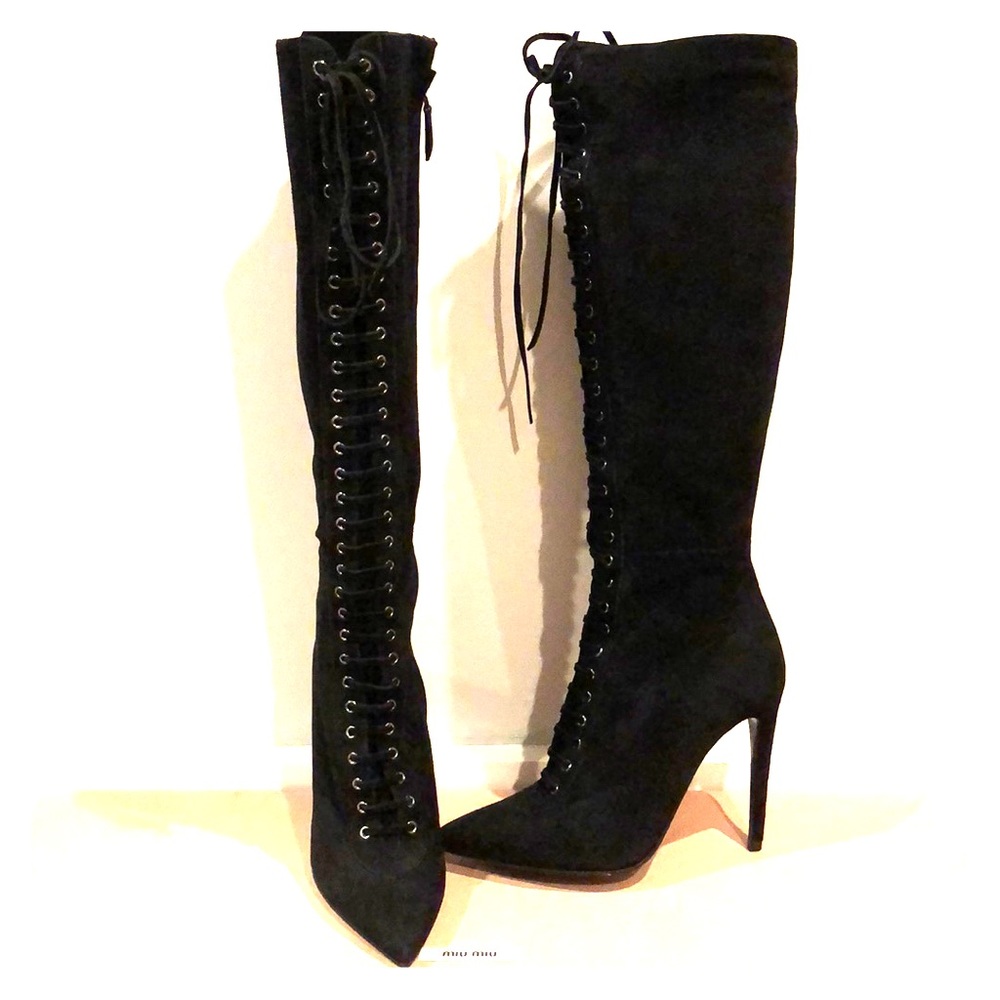 Miu Miu Tall Knee High Lace Up Boots 37 NEW in box